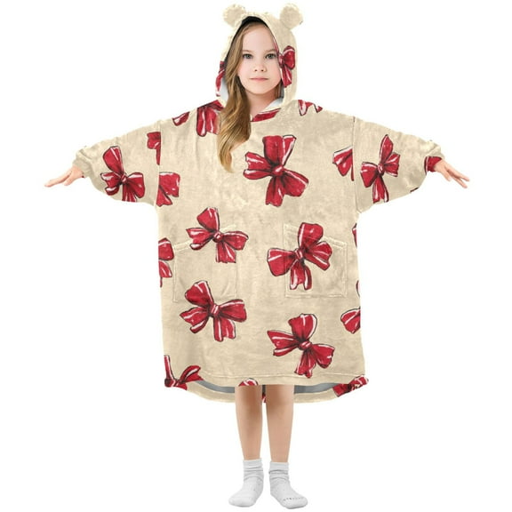 Cute Red Bows Flannel Wearable Blankets Hooded Design Long Sleeves Wrap Unisex for 3T-14Y S