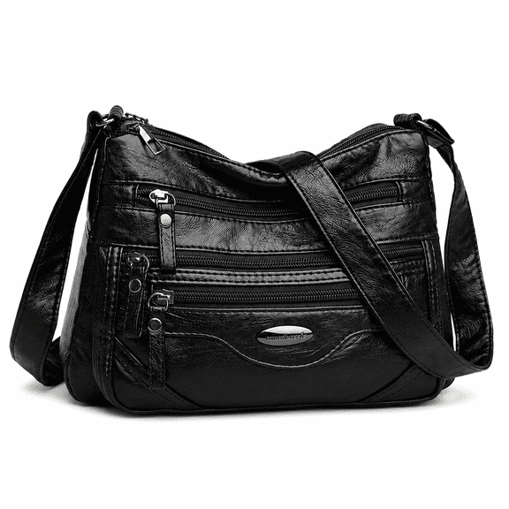 FIDAC Women’s Crossbody Bag for Women, Multi Pocket Vegan Leather Shoulder Purse with Adjustable Strap, Lightweight Travel Messenger Handbag Black