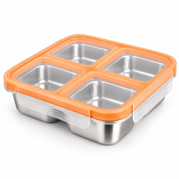 Radetop 4-Compartment 304 Stainless Steel Snack Container with Lid, 24 fl oz, Bento Lunch Box for Work, Travel and Meal Prep