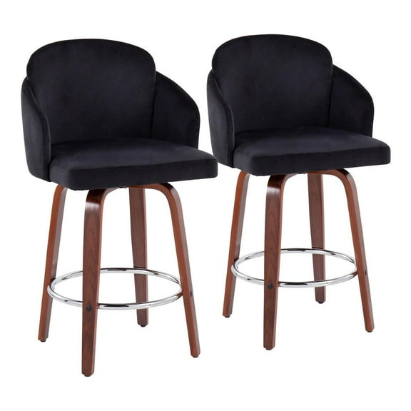 LumiSource Walnut Wood, Black Velvet, Chrome, Gold Metal Dahlia Counter Stool - Set of 2