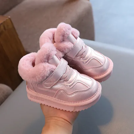 

2023 Winter Snow Boots for Girls PU Leather Plush Warm Cotton Shoes Anti-slippery Soft-soled Velvet Soft Winter Footwear for Kid (pink 22 14CM)