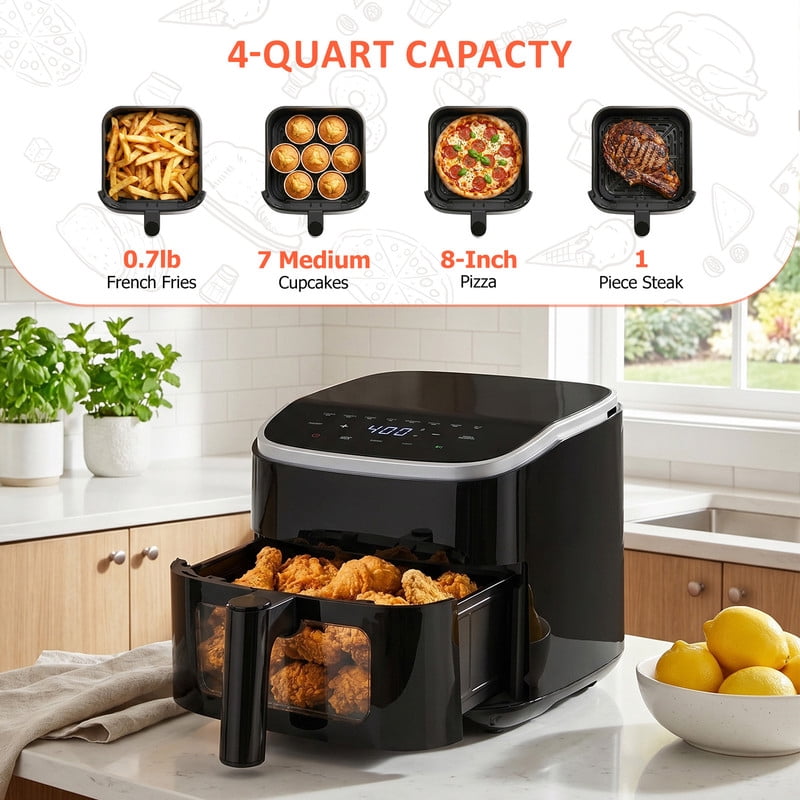 Parcus 4QT See-Through Window Air Fryer – 1500W Digital Touchscreen, 8 Cooking Modes, 60-Min Countdown Timer, Safety Auto Shut-off, Effortless-Clean Nonstick Basket, Up to 400°F – Black