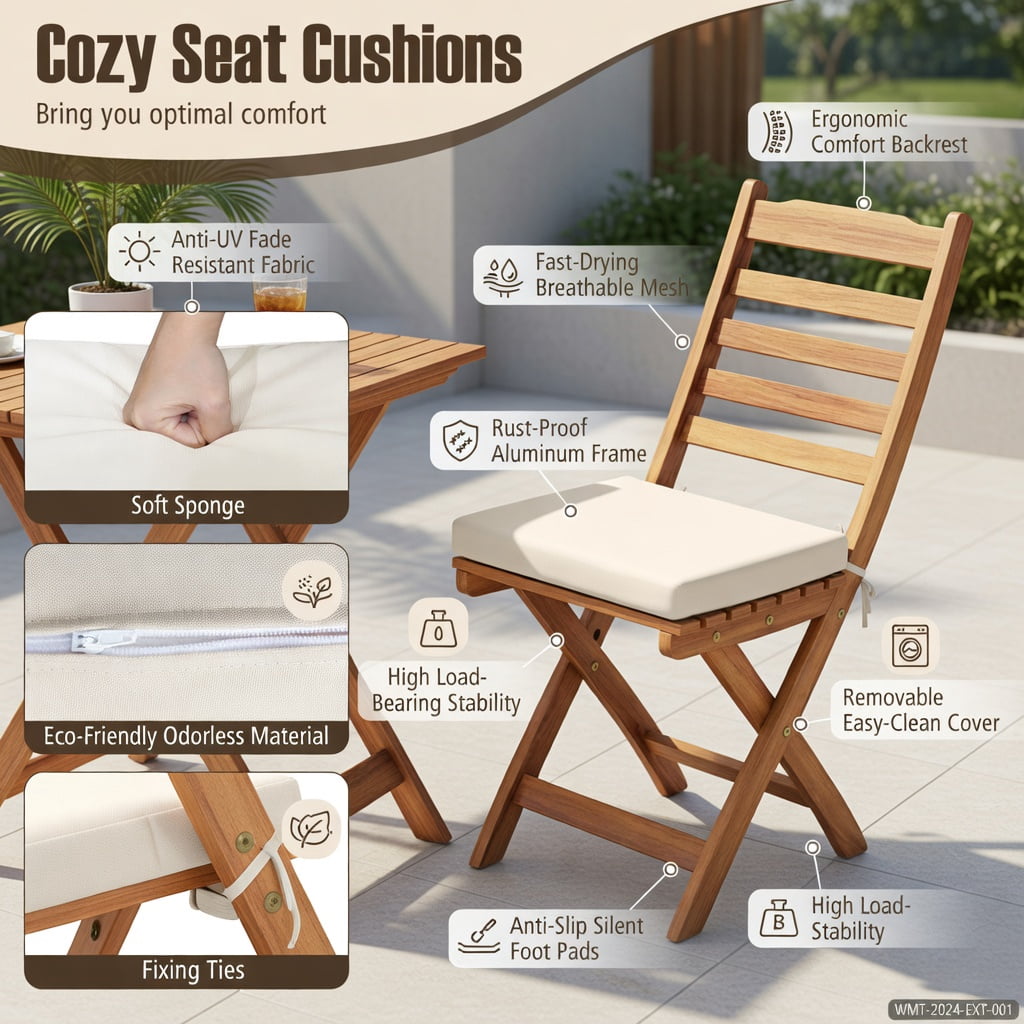 Hommoo Acacia Wood Folding Chair and Table Set with Cushions, 2 Chairs + 1 Table, Outdoor Patio Furniture for Backyard, Balcony & Poolside, White