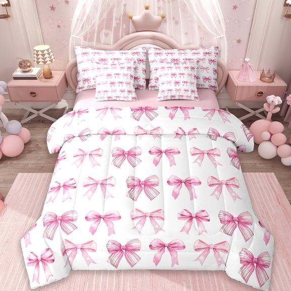 Erosebridal Princess Bow Bowtie Bed in a Bag Twin Size,Cartoon Pattern Bed Set,White Pink Bedding Twin Size For Girly,Super Cozy Room Decorative Reversible,7 Pieces