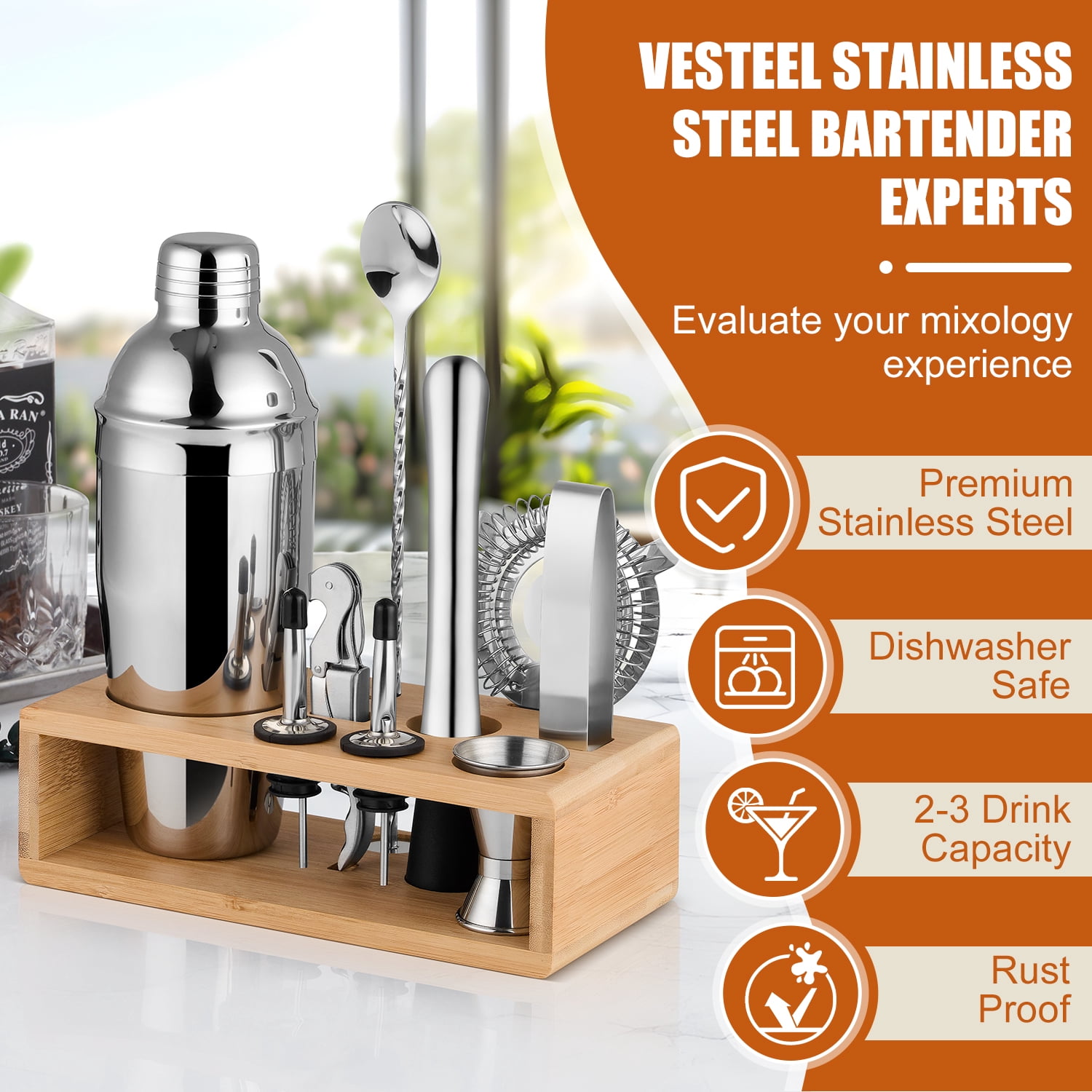 Vesteel Cocktail Shaker Set, 10Pcs Mixology Bartender Kit with Bamboo Stand, Bar Tool Set for Cocktail with Shaker, Jigger & Muddler, Bar Set