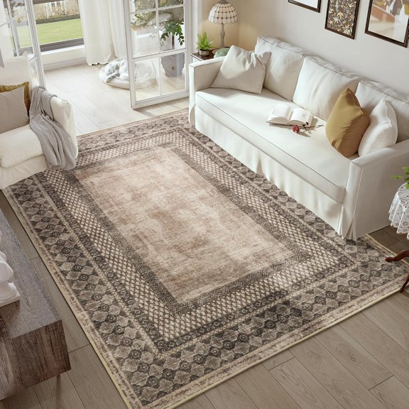 NICETOWN 5'x8' Washable Area Rug for Living Room, Non-Slip Machine Washable Rug Soft Stain Resistant Foldable Tribal Large Carpet Pet Friendly Accent Rug for Dining Room, Brownness