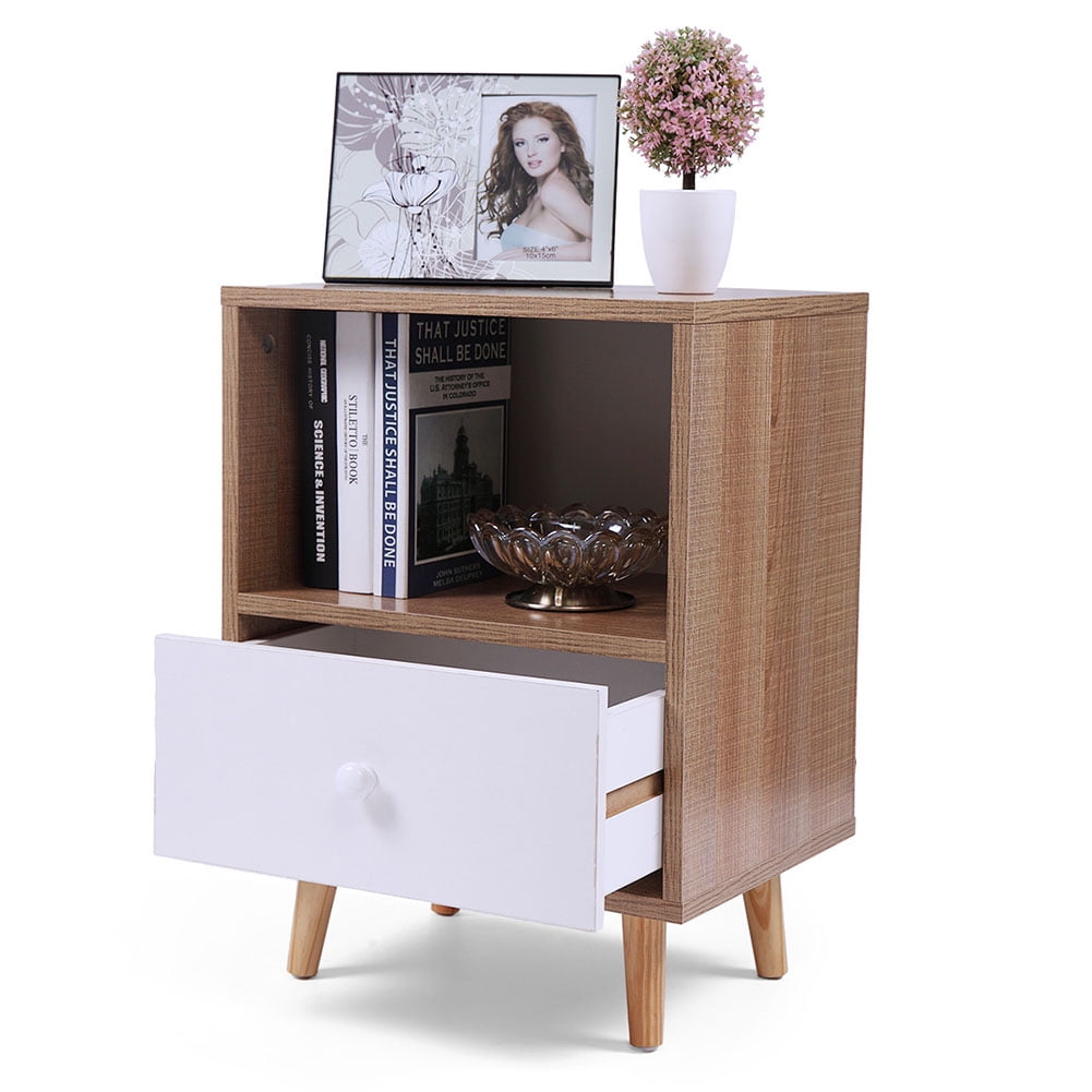 Kepooman 1 Drawer End Table for Bedroom, Wooden Nightstand for Living Room, Wood Color Bedside Table for Home Office, Set of 1