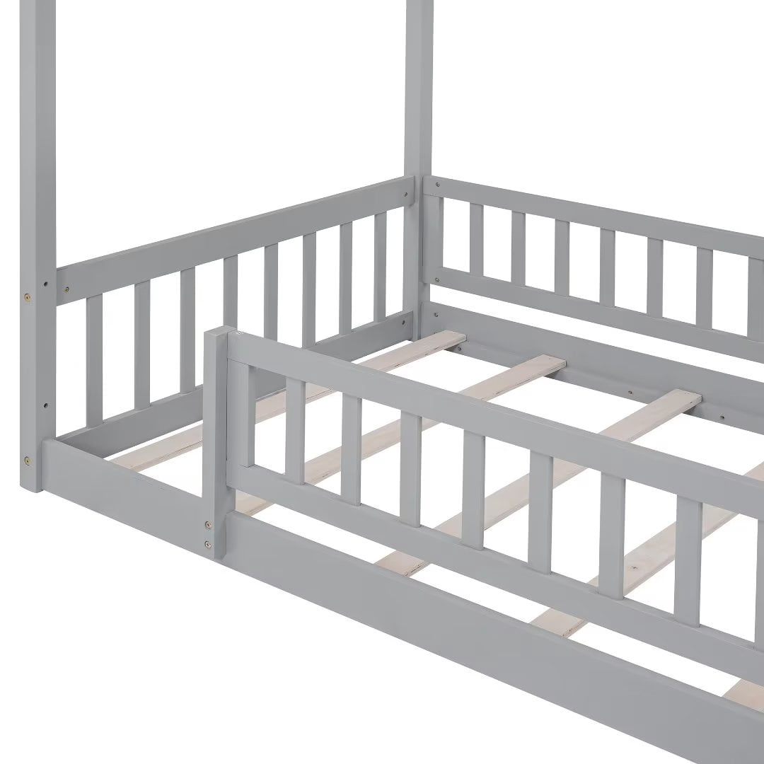 Twin Size House Bed, Wood Floor Bed with Fence and Roof, Montessori Bed Playhouse Bed Toddler Bed Frame for Kids Girls and Boys, Gray