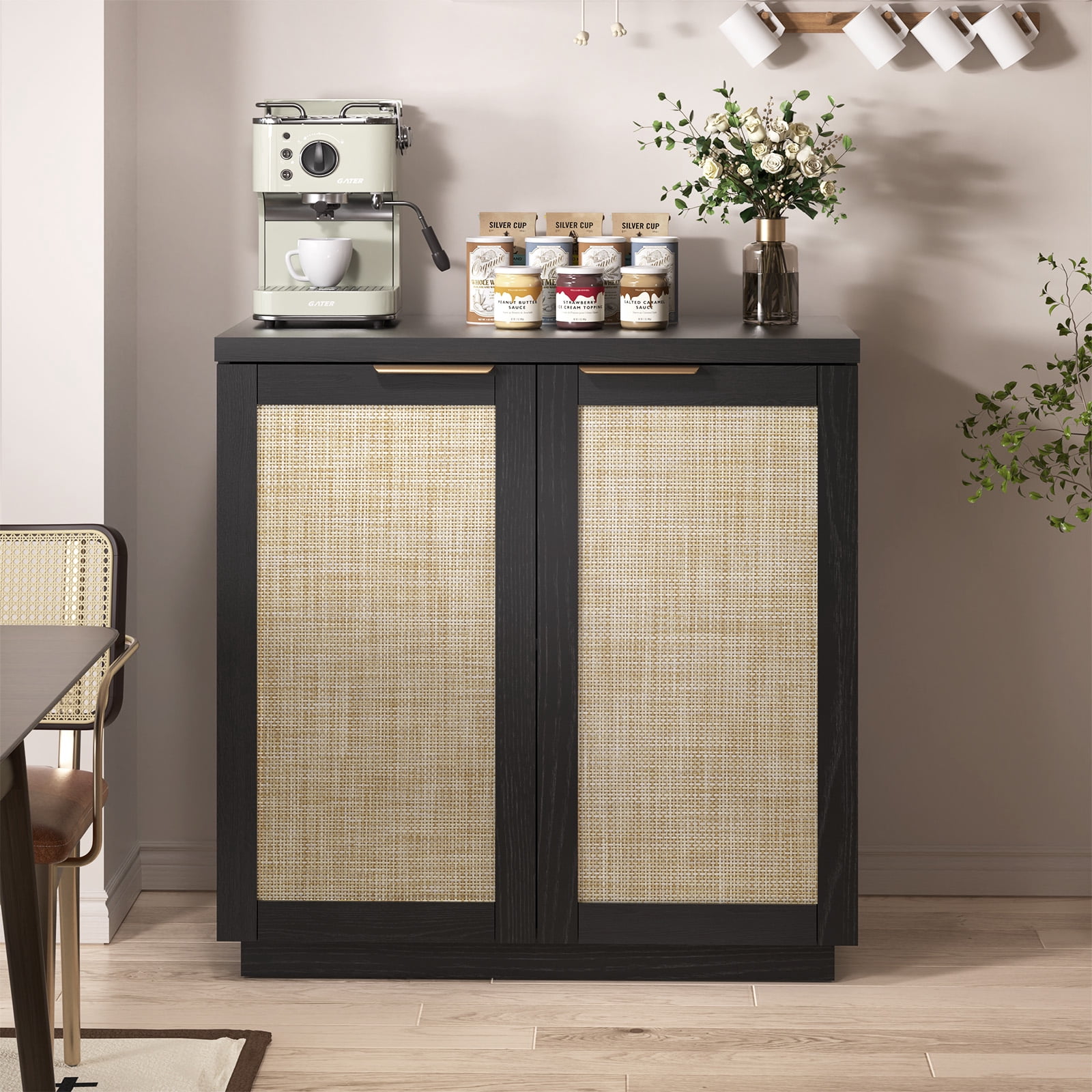 Hommpa Sideboard Buffet Cabinet Rattan Kitchen Storage Organizer Boho Farmhouse Accent Cabinets TV Console for Living Dining Room Coffee Bar for Party Holiday Festival Christmas Gift, Black