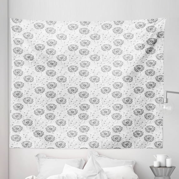 Botanical Tapestry, Greyscale Continuous Pattern of Dandelions Streaming in Air, Fabric Wall Hanging Decor for Bedroom Living Room Dorm, 5 Sizes, Dimgray Pearl and White, by Ambesonne