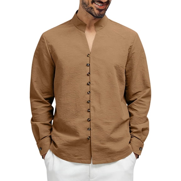 USNSM Long Sleeve Cotton Linen Shirt for Men, Button Up Loose Fit Vintage Shirts Stand Banded Collar Solid Beach Tops Brown L