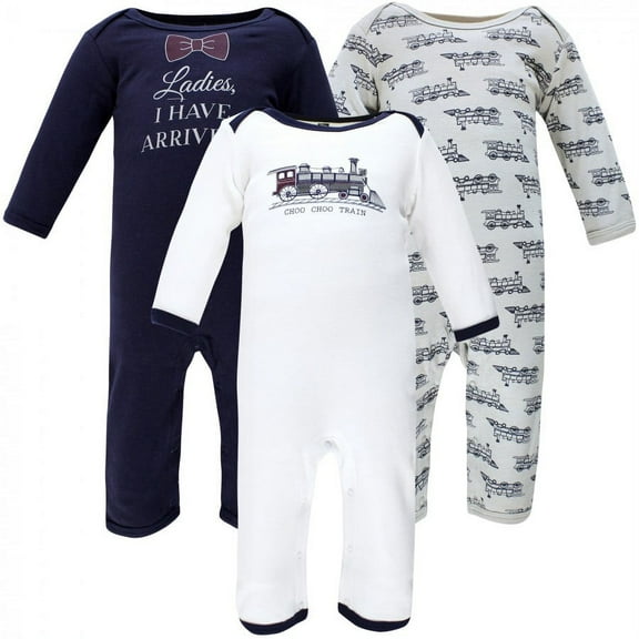 Hudson Baby Infant Boy Cotton Coveralls, Train, 0-3 Months