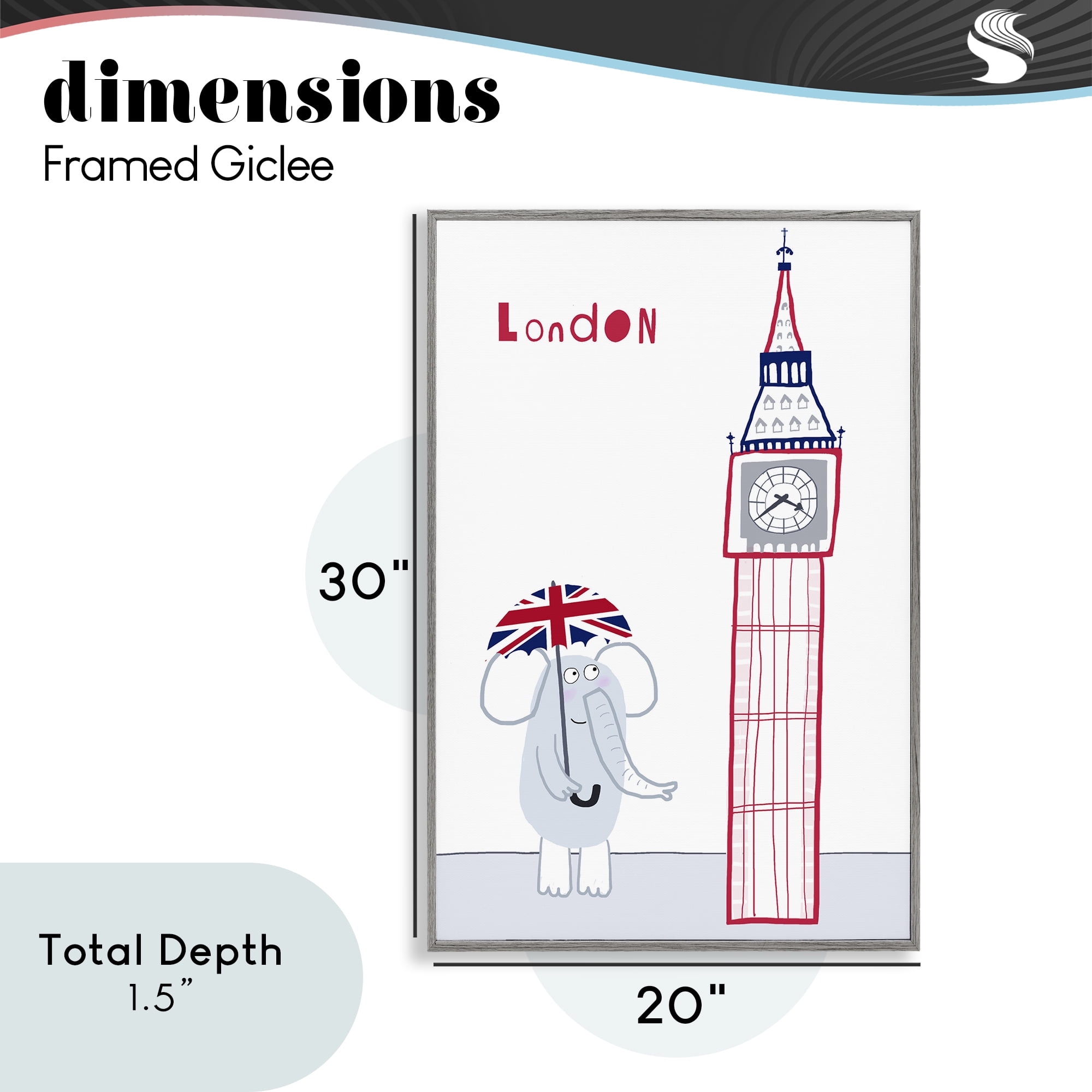 Elephant & Big Ben London Gray Framed Giclee Art, design by Carla Daly