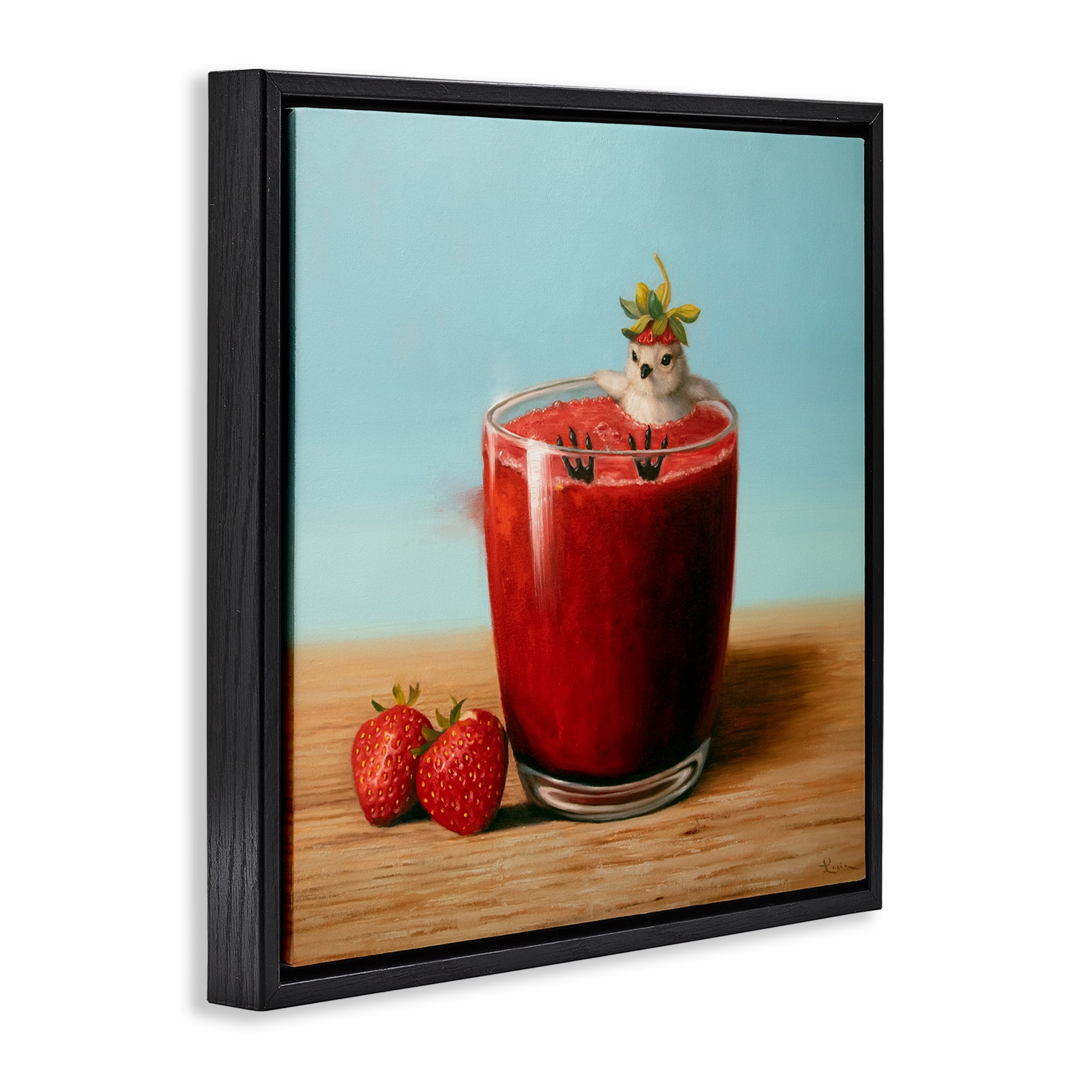Stupell Industries Bird in Strawberry Drink Food & Beverage Painting Black Floater Framed Canvas Art Print Wall Art, 25 x 25