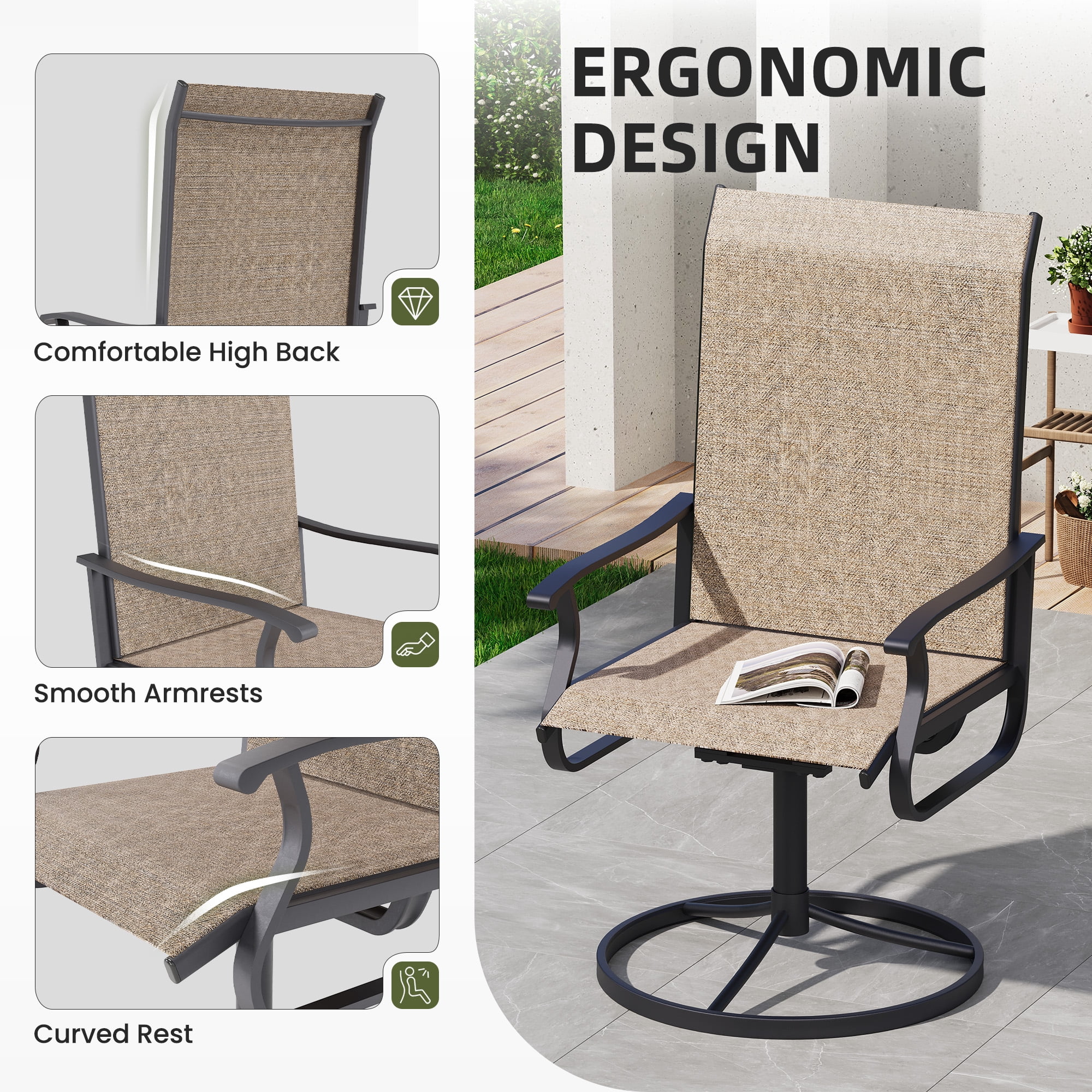 ELPOSUN Patio Swivel Chairs Set of 2, Outdoor Dining Chairs High Back All Weather Breathable Textilene Outdoor Swivel Chairs with Metal Rocking Frame for Lawn Garden Backyard Deck, Khaki