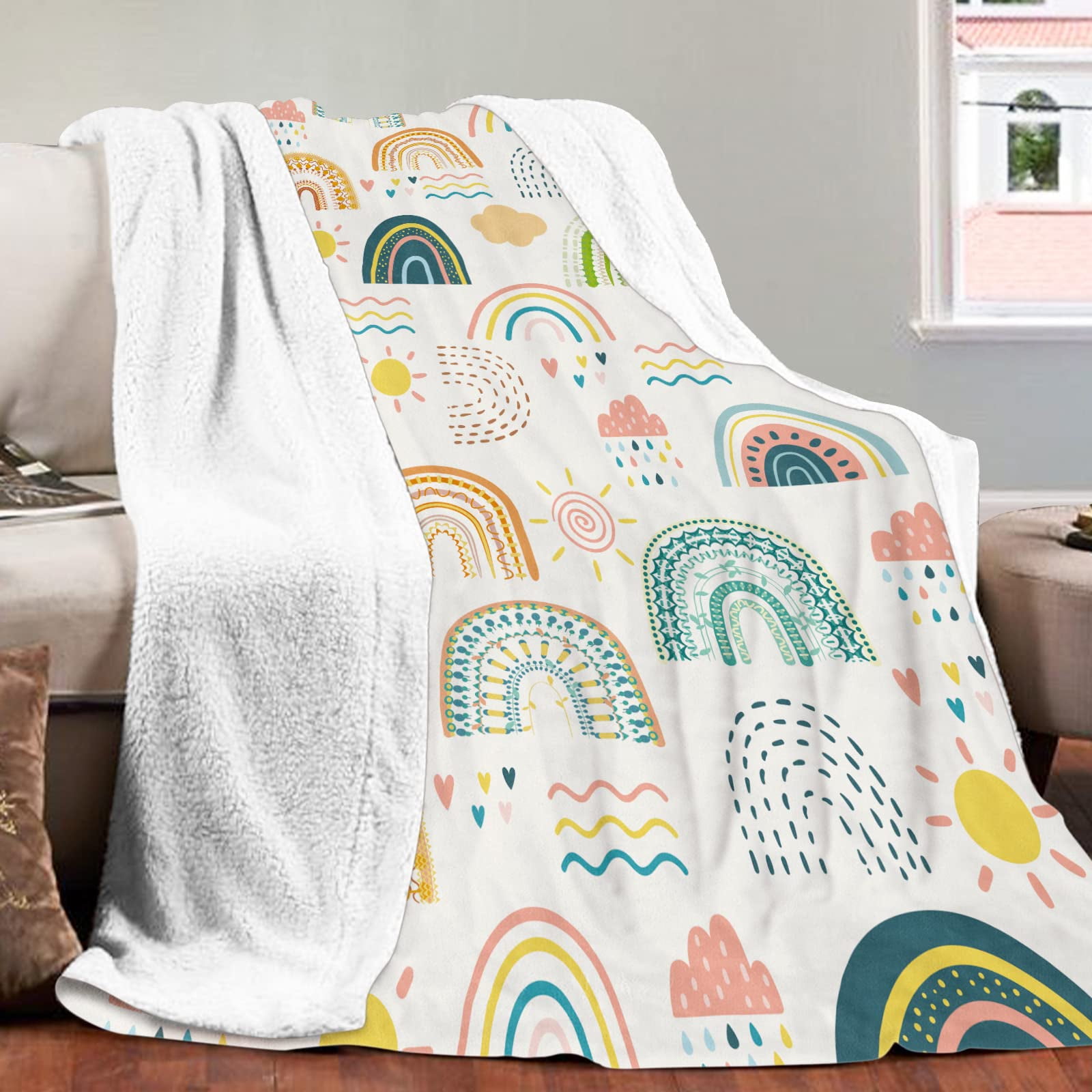 Kainsy Boho Rainbow Throw Blanket for Girls, Cozy Bohemian Rainbow Blanket, Soft Flannel Rainbow Blanket Kids, Fluffy Fleece Rainbow Blankets for Toddler Childs Daughter Gifts Sofa Couch Bed,(50"x60")