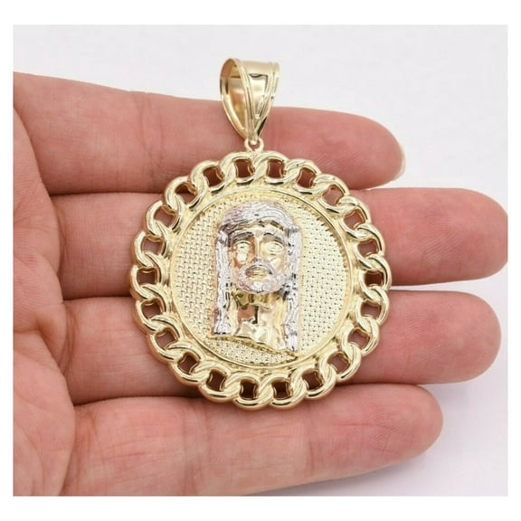 2 1/2" Jesus Medallion Cuban Border Unisex Adult Pendant 10K Yellow White Gold,11.20GR – Goldum NYC