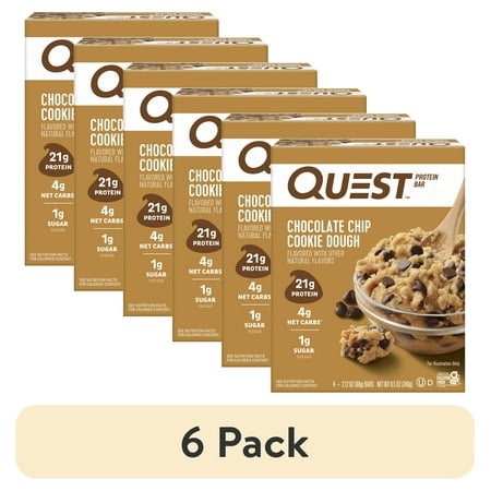 (6 pack) Quest Protein Bar, Chocolate Chip Cookie Dough Flavored, 21g Protein, Gluten Free, 4 Count