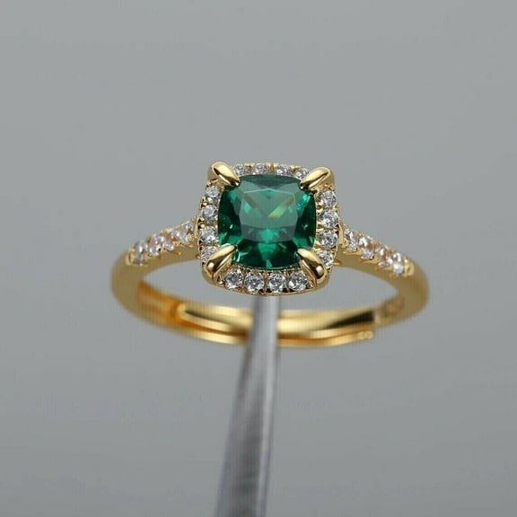 3CT Cushion Cut Lab Created Emerald Halo Engagement Ring 14K Yellow Gold Plated