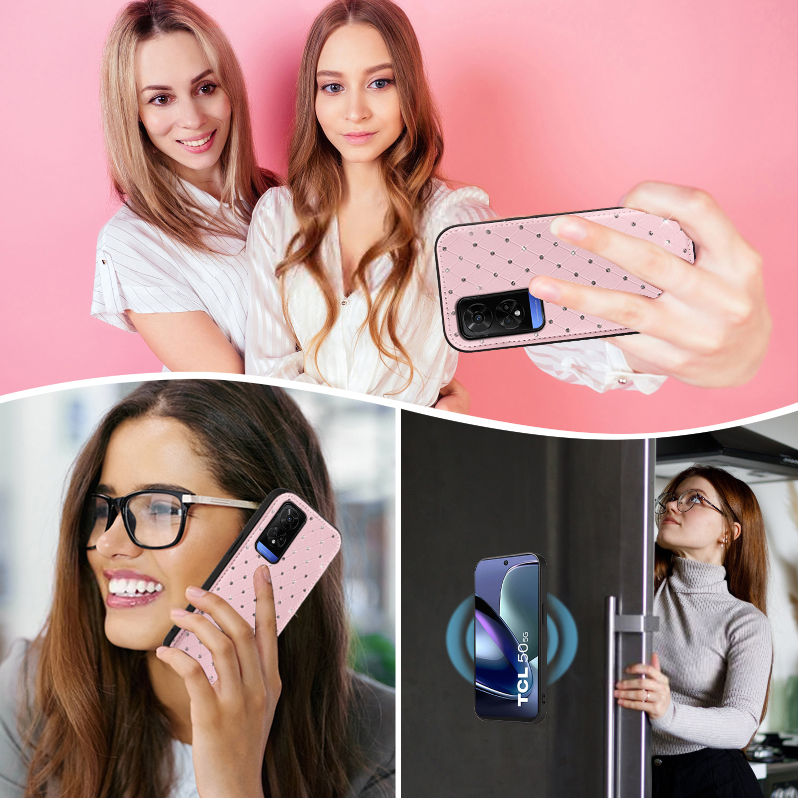 Asuwish Phone Case for TCL 50 5G/50 XE NXTPAPER/50 XE 5G Zipper Wallet Detachable Cell Cover with Tempered Glass Screen Protector Crossbody Lanyard Strap Glitter Flip Card Holder Slot Women Pink