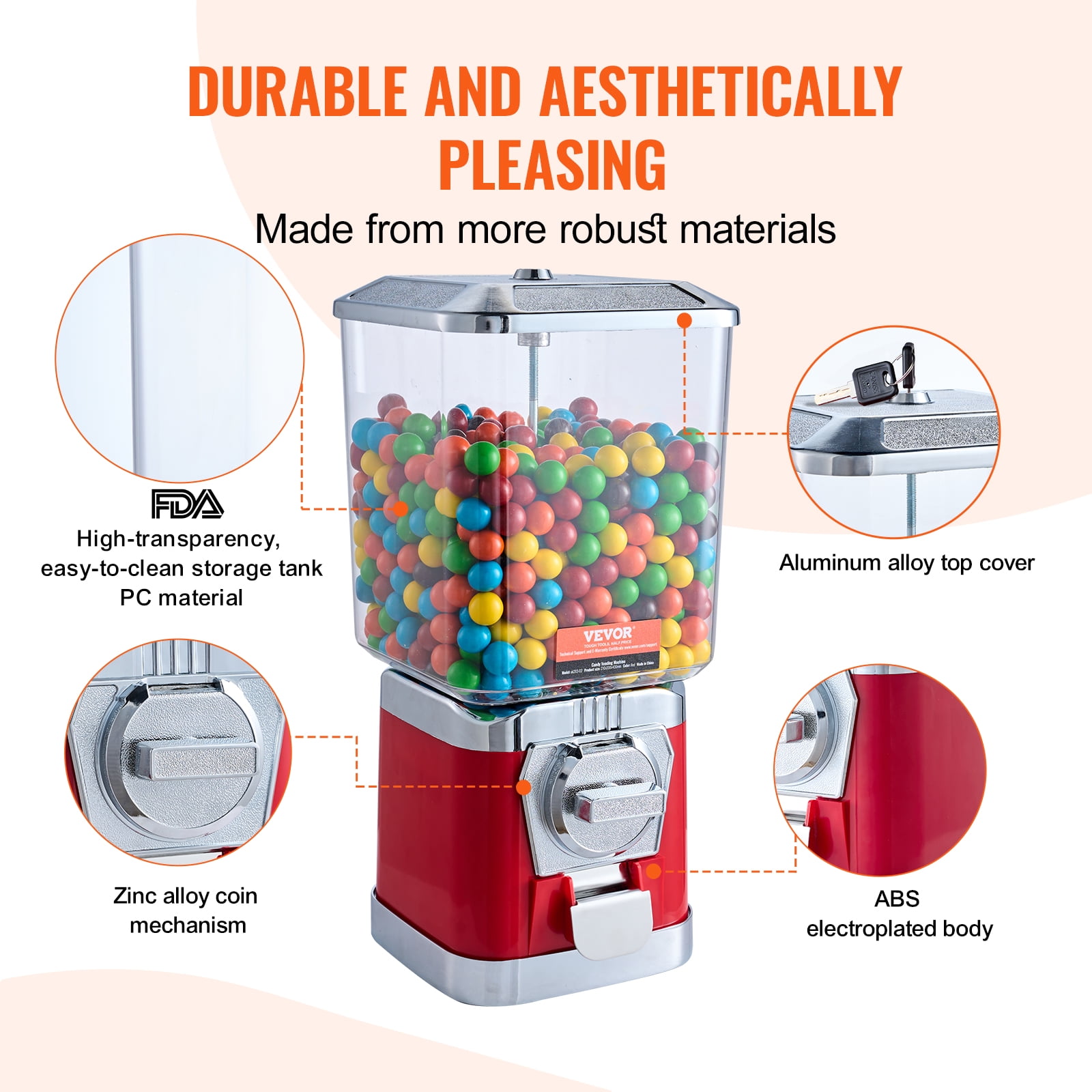 VEVOR Gumball Machine for Kids, 17"H Home Candy Vending Machine, PC Gumball Dispenser, Bubble Gum Machine for Game Stores, Coin Operated Gumball Bank