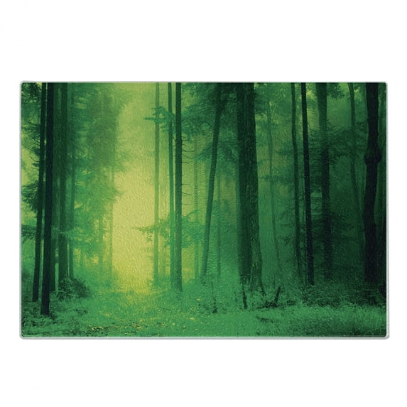 Mystic Cutting Board, Fantasy Warm Season Springtime Forest Tall Trees Twilight Art Print, Decorative Tempered Glass Cutting and Serving Board, Small Size, Green, by Ambesonne