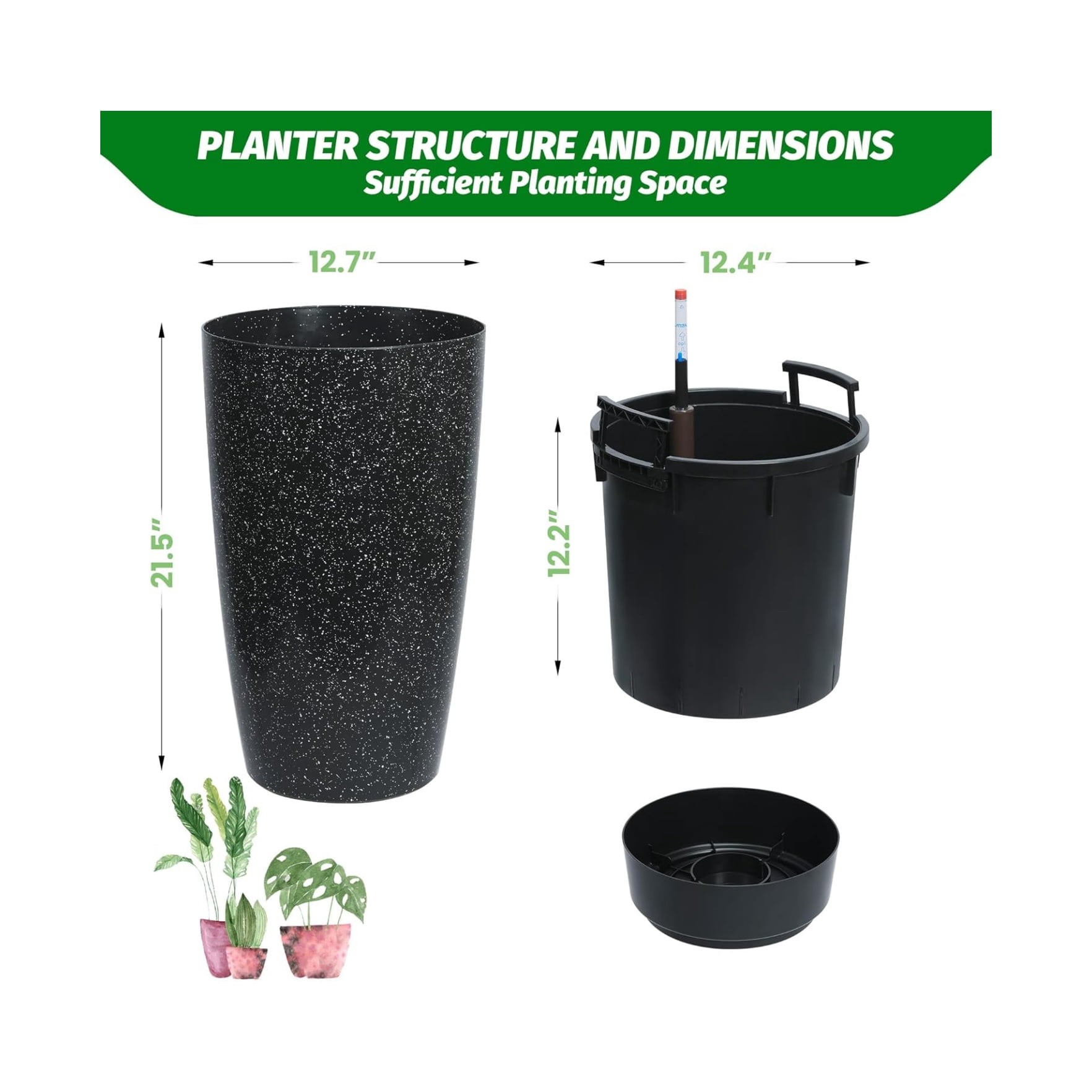 16/22" Tall Round Planter Set of 2, Self Watering Pots for Indoor Plants, Large Flower Pot Outdoor with Built-in Drainage and a Water Level Monitor, for Patio, Porch, Living Room, or Home Office