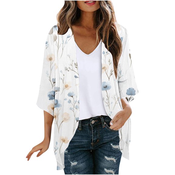 Edvintorg Womens Cardigans Lightweight Plus Size Floral Printed 3/4 Sleeve Open Front Cardigan Flowy Chiffon Cardigans Clothes Women S-3XL Multicolor