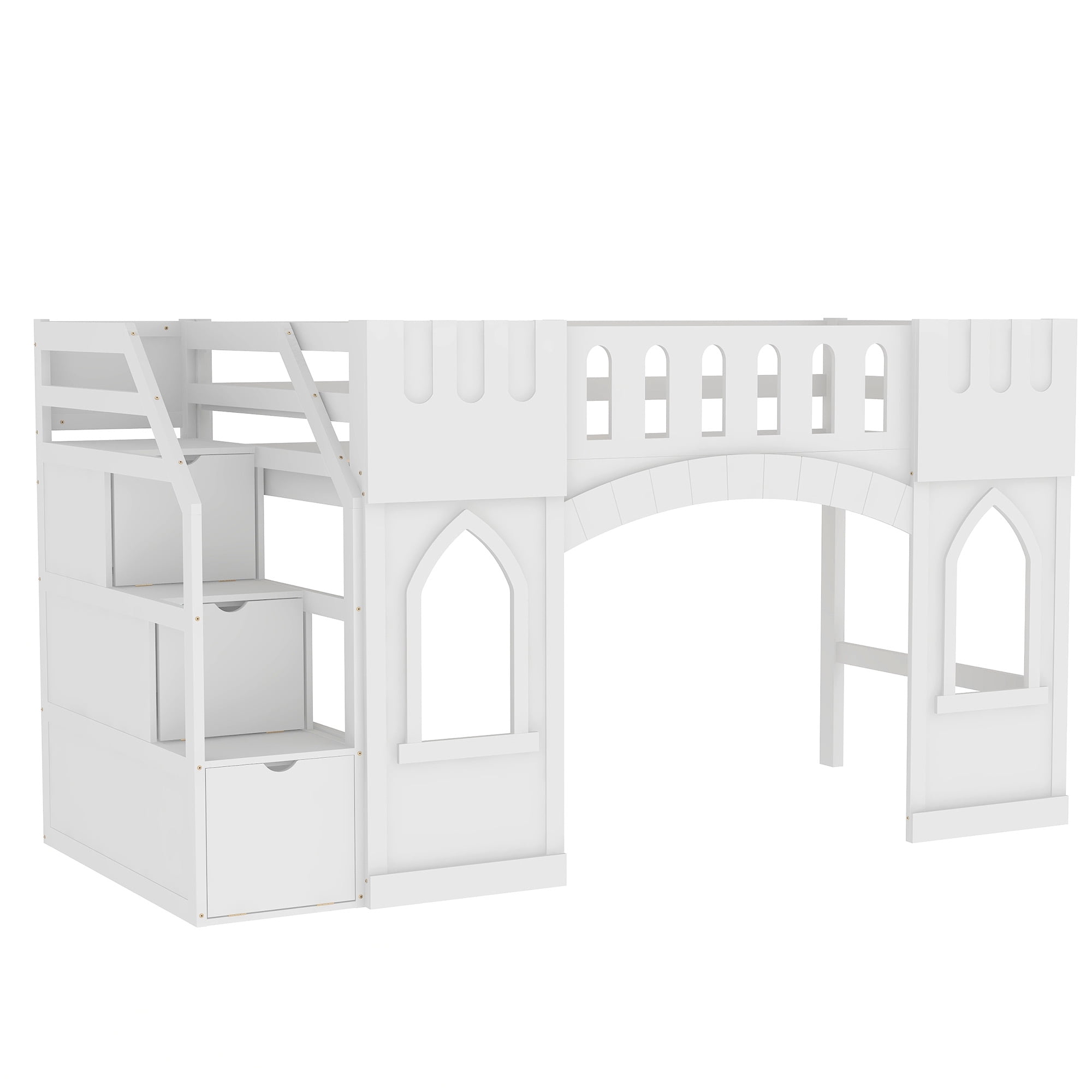 Euroco Wood Twin Size Loft Bed, Castle House Bed with Storage Staircase, White