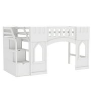 Euroco Wood Twin Size Loft Bed, Castle House Bed with Storage Staircase, White