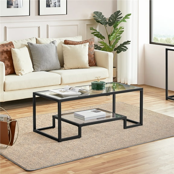 Alden Design Modern Glass Coffee Table with Metal Frame, Black