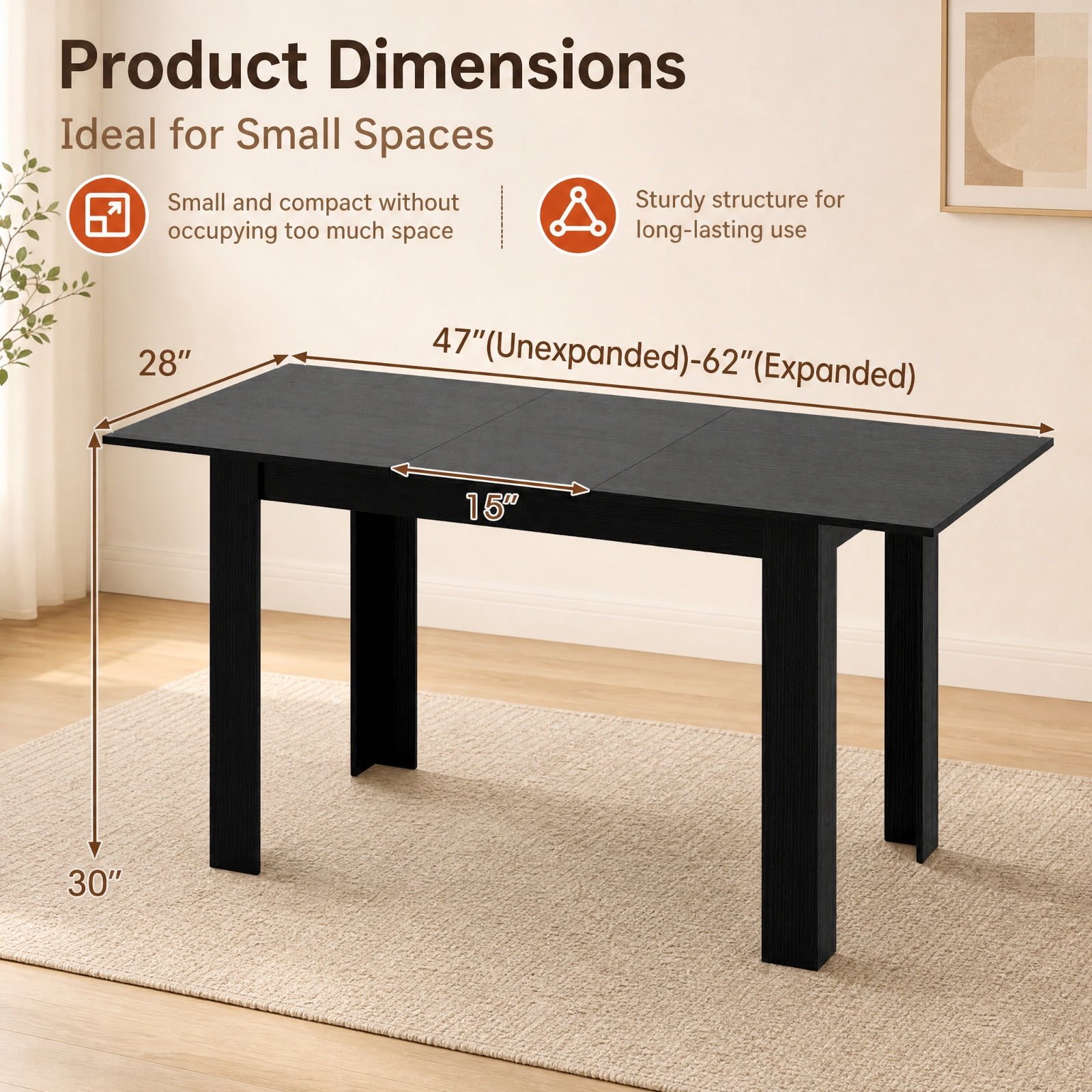 Furnibear Extendable Dining Table for 4 to 8 People with Sliding Rails and Thick L Shaped Legs for Kitchen and Dining Room, Black