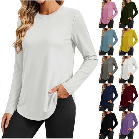 Bxsruta Womens Tops Long Sleeve Crew Neck Tunic Shirts High Low Hem Casual Tee