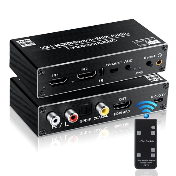 Zecamin HDMI Switch Audio Extractor System, HDMI Switch Splitter 2 Inputs 1 Output with Remote 4K@60hz, 2-Port HDMI2.0b Switcher Box with Optical Toslink SPDIF Coaxial Analog RCA Stereo Audio Out