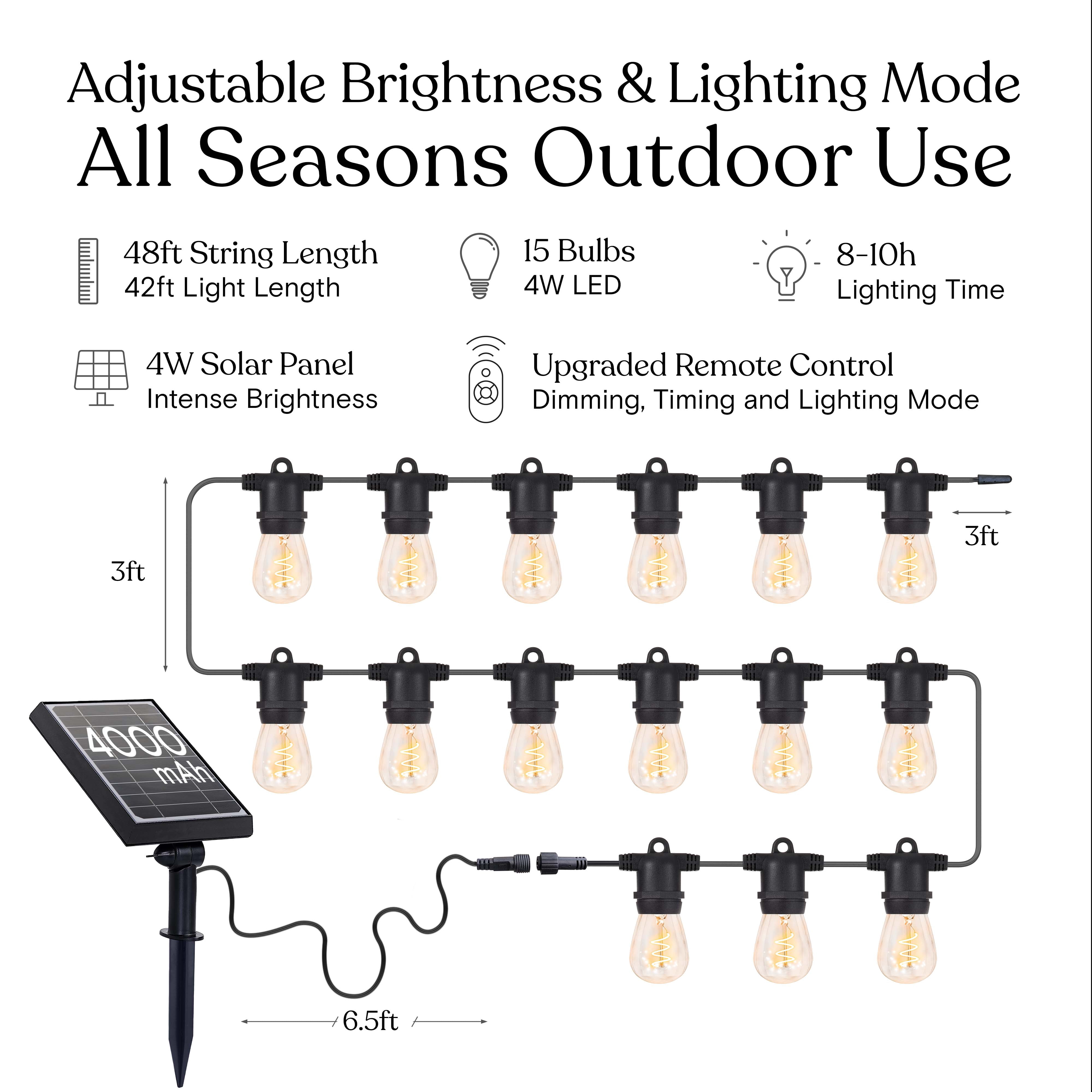 Brightech Ambience Pro Super Bright 48 Ft, 15 Bulbs Solar Power Remote Control Outdoor String Lights, Edison Spiral Shatterproof Bulbs, Commercial Grade LED, Waterproof Patio Lights, 4W Soft White