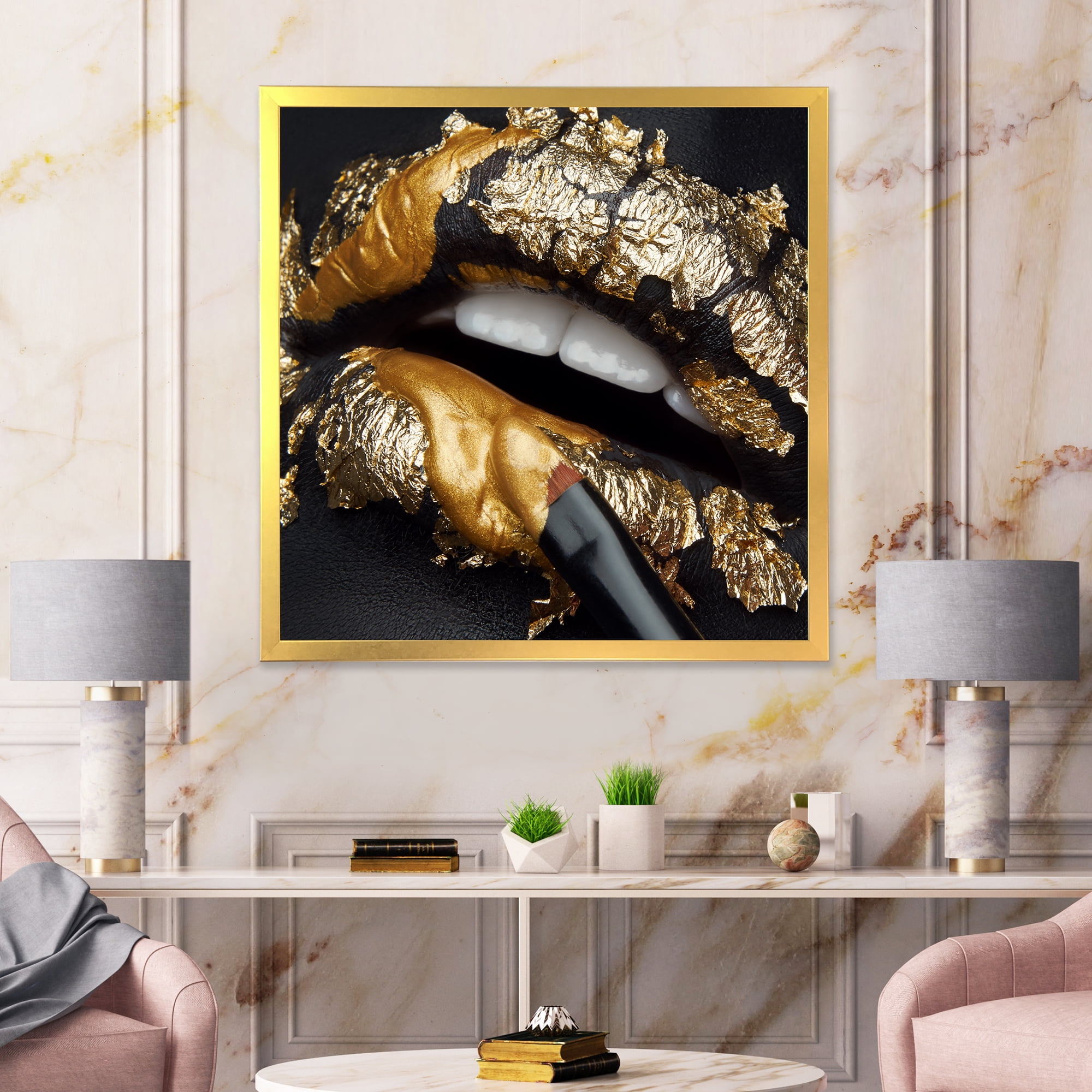 Designart 'Female Lips With Black Leather and Gold Foil' Modern Framed Art Print