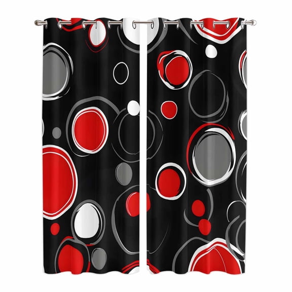 Kitchen Curtains 84 Inch Length 2 Panels, Abstract Black Grommets Window Treatment Curtain, Modern Geometric Red Grey White Circle Thermal Curtains Drapes for Living Room/Bathroom