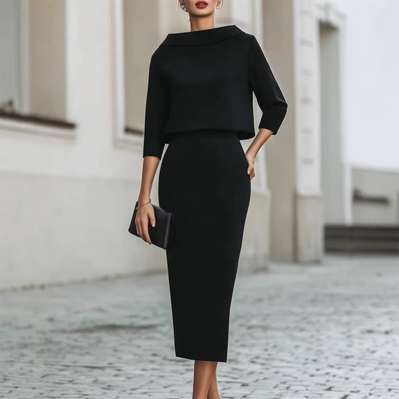 Women's 2 Piece Half Sleeve Top and Skirt Set Casual Solid Color Round Neck Fashion Elegant Outfits for Daily Wear, Black, L