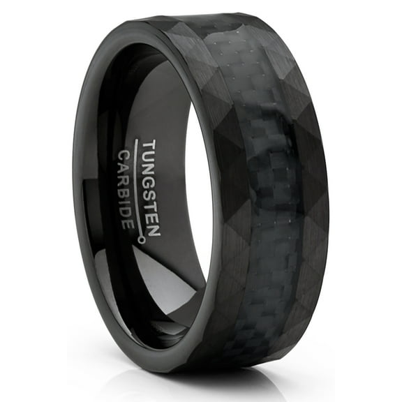 Metal Masters Mens Tungsten Carbide Ring Carbon Fiber Inlay Hammered Wedding Band Black 8mm