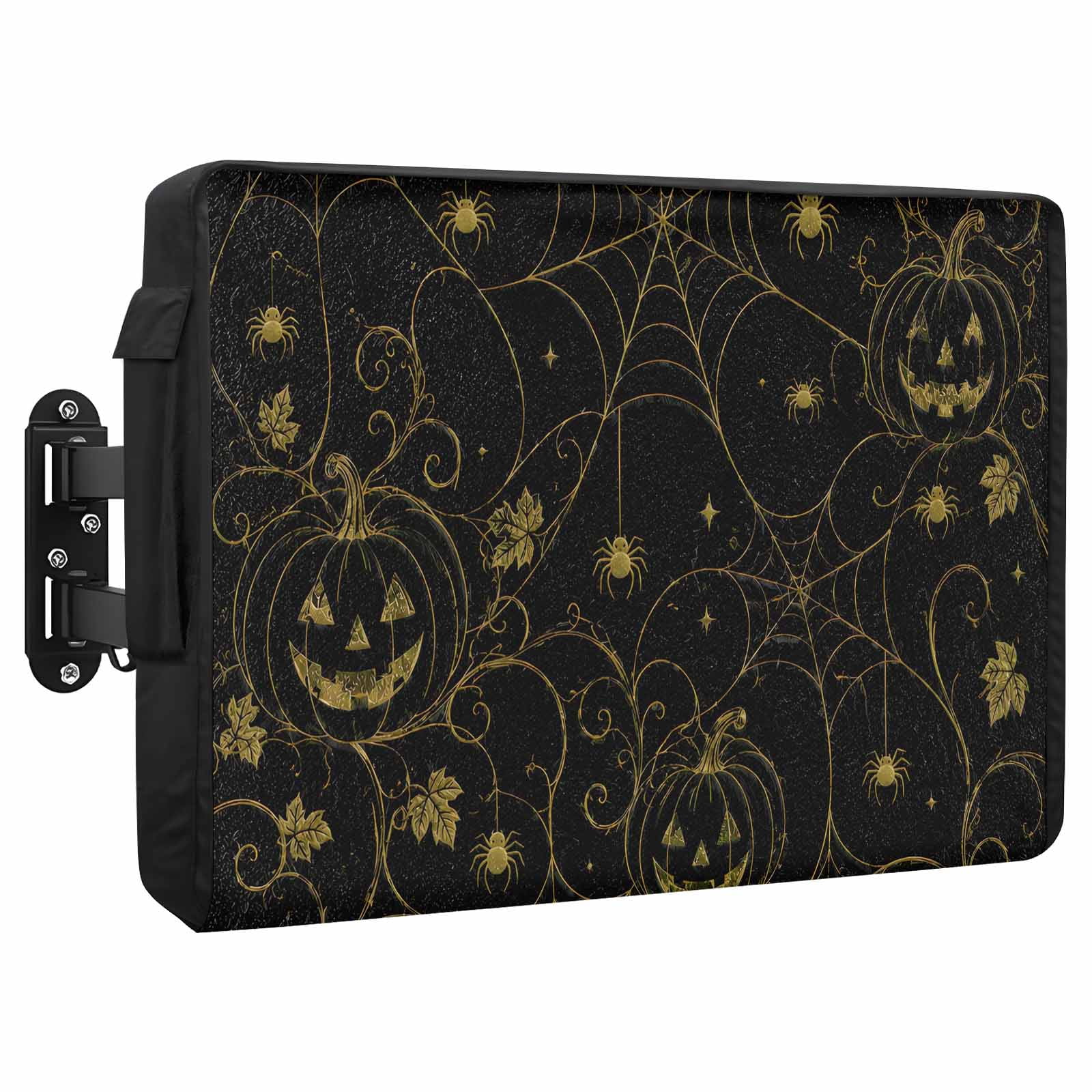 Halloween Fall Waterproof Outdoor TV Cover Rustic Minimalist Golden Carved Pumpkin Web Vine Outside Weatherproof TV Enclosures for 60 to 65 Inch LCD Television Shield Flat Screen Protectors