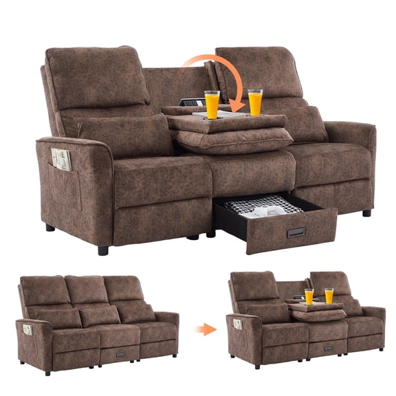 IPKIG 74" RV 3-Seater Manual Recliner Sofa with Flip Backrest, Drawer, USB Ports, AC Sockets & Cup Holders for Home Theater & Living Room, Velvet Brown