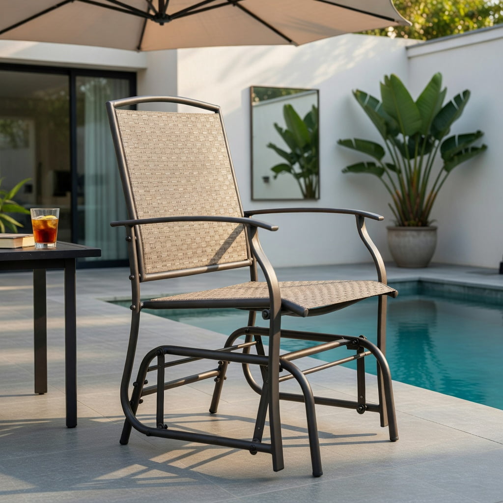Hommoo Single Steel Frame Garden Glider Chair, Powder-Coated Wrought Iron Rocking Seating with Breathable Fabric Seat, Outdoor Patio Swing for Deck, Backyard & Balcony, Gray