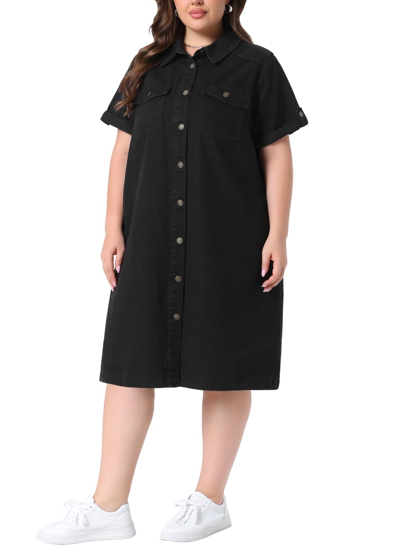 size 10 denim dress Agnes Orinda Women's Plus Dresses Button Down Lapel Short Sleeve Midi Summer Casual Denim Jean Shirt with Pockets 1X Black, Size: 1XL Dusty Rose Chiffon Junior Shein Bundle:4 pack breathable denim pattern-solids