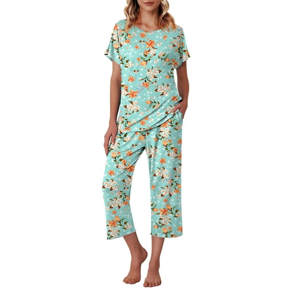 Avidlove Capri Pajamas Set for Women Short Sleeve Tops and Pants Set with Pocket Soft Matching Pjs Lounge Sets S-2XL