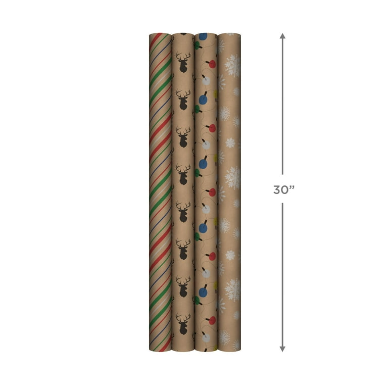 3 Rolls Christmas Wrapping Paper for Kids with Cut Christmas Elements Print  Brown Kraft Paper with Christmas Lights, Deer,  Snowflakes,Snowmen(19.627.6, Sheet of 3) 