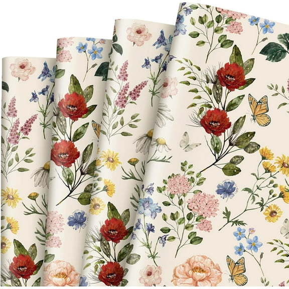 50 Sheets Floral Wrapping Paper, 20"x14" Vintage Flower Gift Wrapping   Paper Bulk, Retro Wildflower Decorative Art Paper for Wedding Birthday Baby Shower DIY Crafts Bouquet Wrapping, Folded Flat
