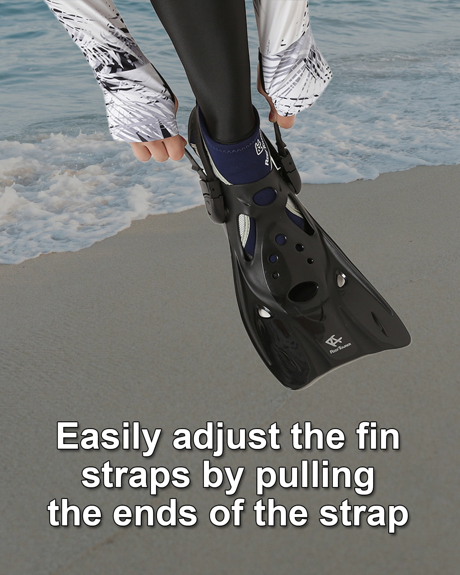Reef Tourer Snorkel Fins for Kids and Adults, Adjustable Open Heel, Compact Short Blade Swimming Snorkeling Flippers, Travel Size, RF0106P, Blue, Large