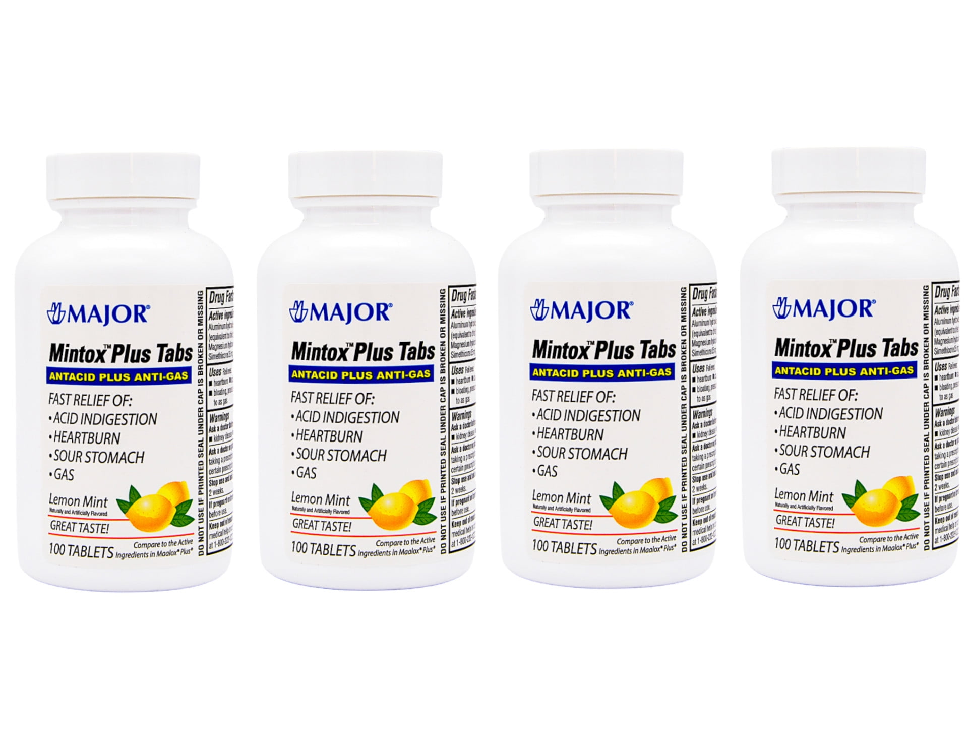 Major Mintox Plus Antacid Plus AntiGas Tabs, Lemon Mint, 100 Count