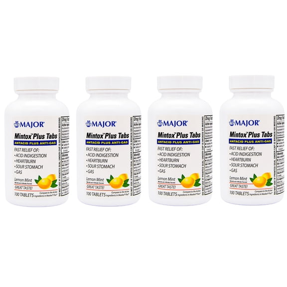 Major Mintox Plus Antacid Plus Anti-Gas Tabs, Lemon Mint, 100 Count - Pack of 4