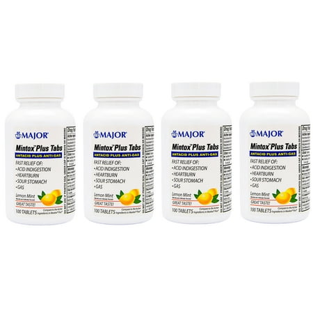 Major Mintox Plus Antacid Plus Anti-Gas Tabs, Lemon Mint, 100 Count - Pack of 4